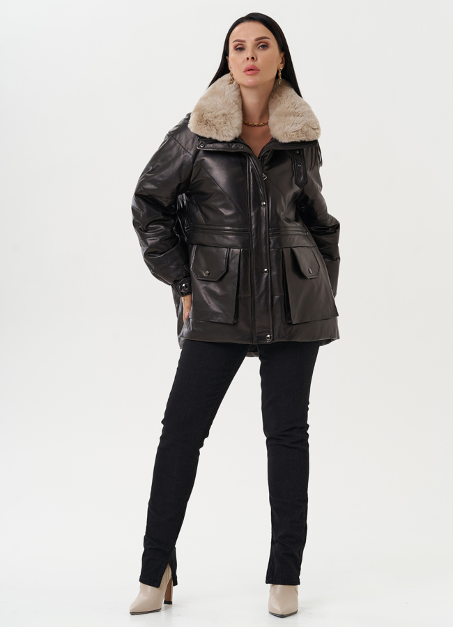 Пуховик из натуральной кожи с отделкой из меха кролика модель № 25381 универмаг малина