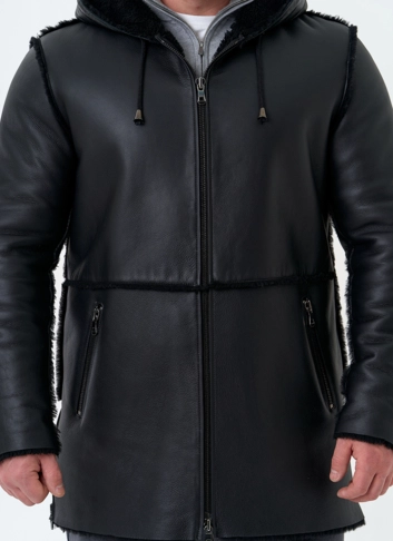 Мужская натуральная дубленка с капюшоном фото
