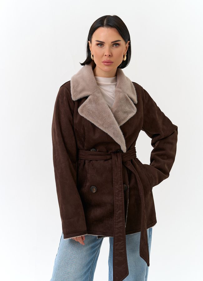 Женская двухсторонняя дубленка из эко замши модель № 32790 меха малина