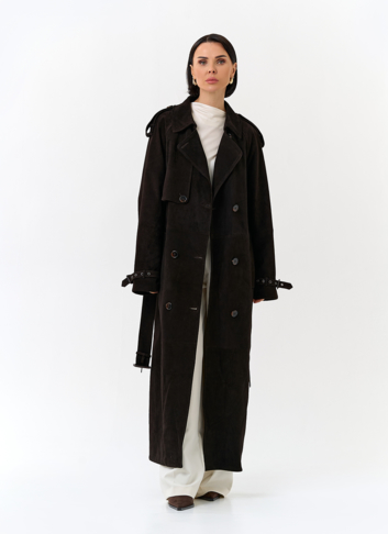 Женский длинный плащ из натуральной замши