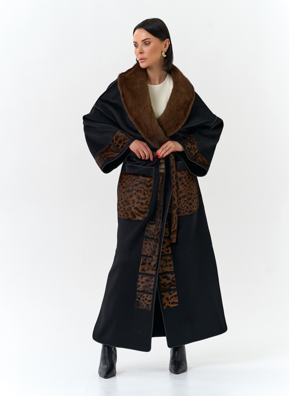 Женское длинное пальто с воротником из меха норки