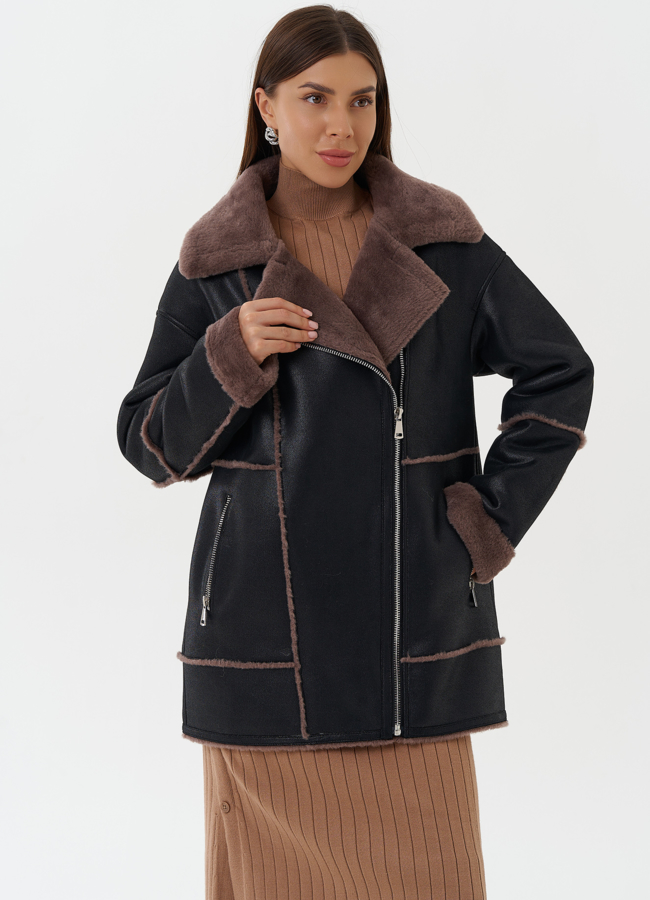 Дубленка из эко кожи модель № 27761 меха малина