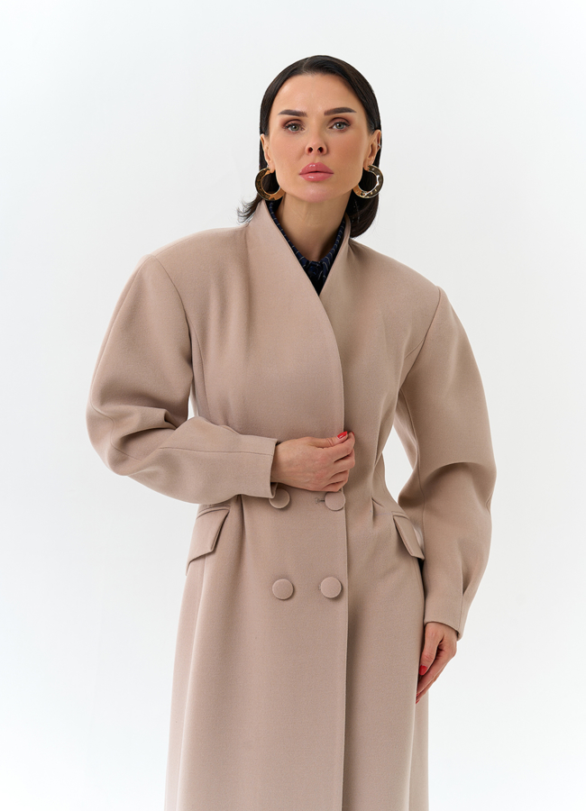 Женское длинное пальто с акцентными рукавами модель № 32784 универмаг малина