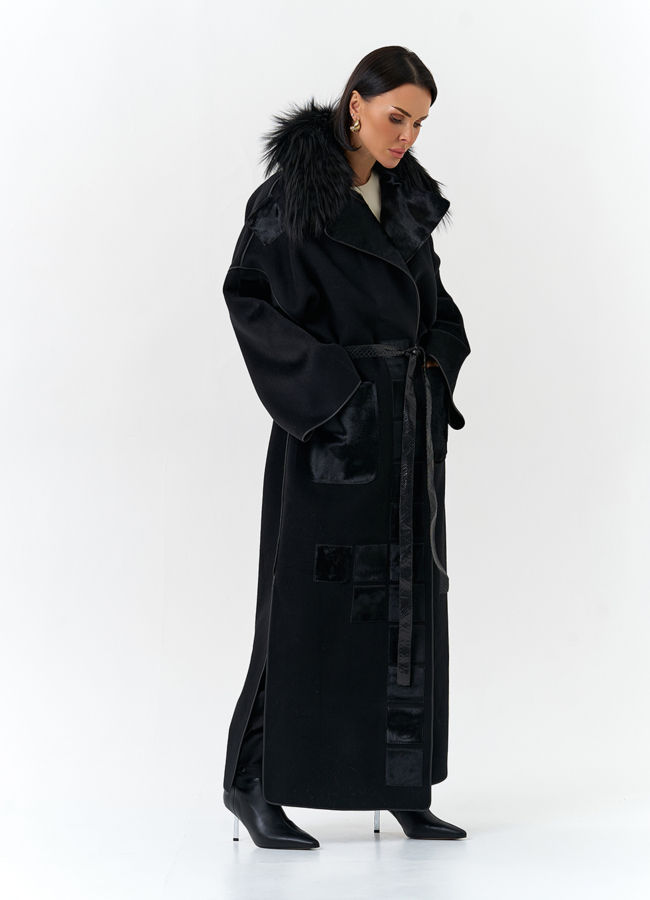 Женское длинное пальто с отделкой из меха лисы модель № 32649 универмаг малина