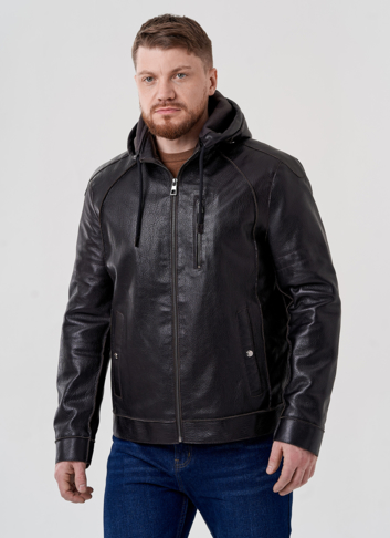 Мужская кожаная куртка с капюшоном