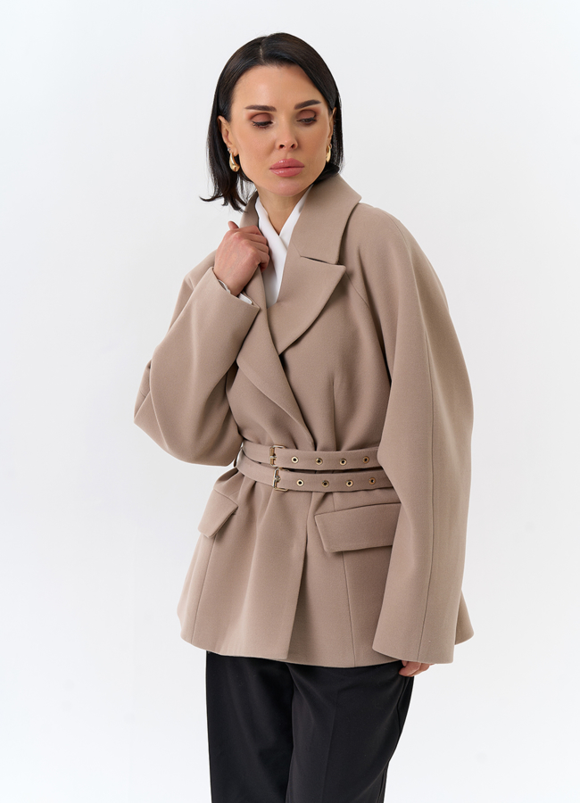 Женское укороченное пальто с двойным поясом модель № 32503 универмаг малина