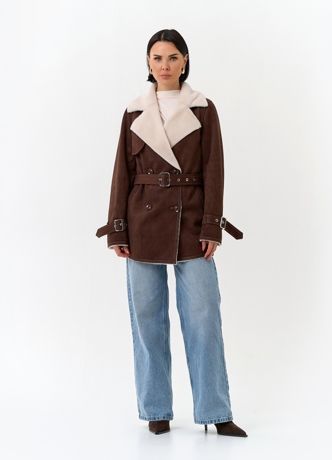 Женская дубленка из эко замши с английским воротником модель № 32786 в рассрочку