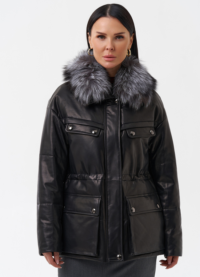 Кожаный пуховик с мехом модель № 29405 универмаг малина