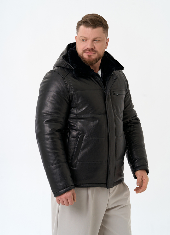 Мужской пуховик из натуральной кожи с капюшоном модель № 32048 универмаг малина