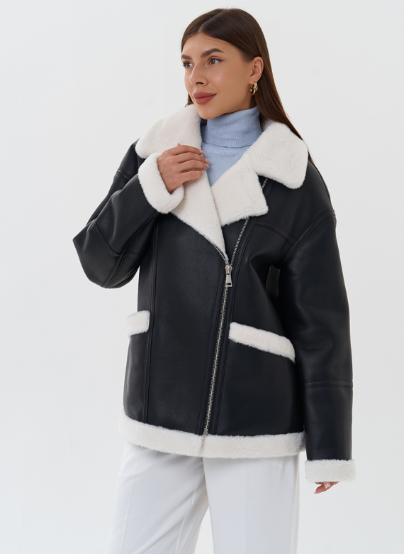 Дубленка из эко кожи черного цвета с черным эко мехом