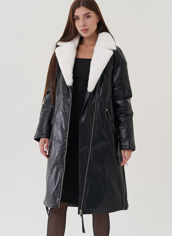 Пуховик женский из эко кожи с английским воротником