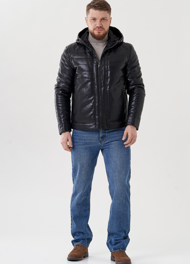 Мужская куртка из эко кожи с капюшоном  модель № 24468 меха малина