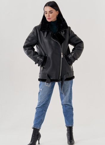 Женская дубленка пилот из эко кожи черно цвета 