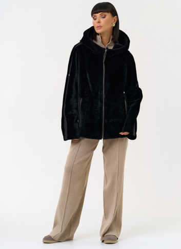 Женская двухсторонняя дубленка с капюшоном