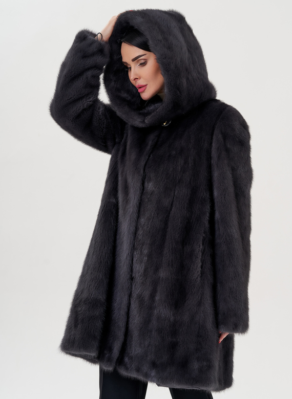Норковая шуба балетка, в цвете графит с капюшоном