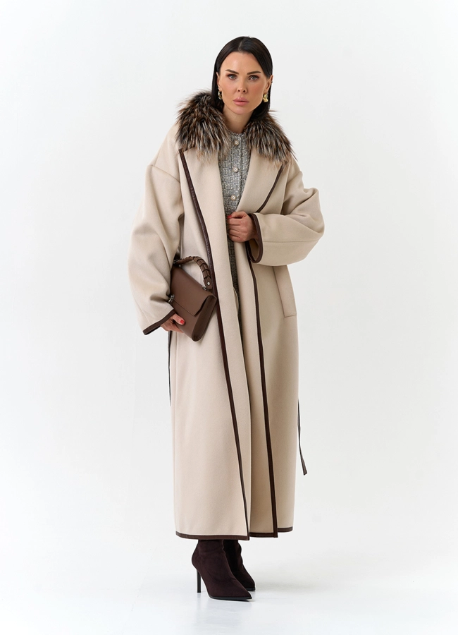 Женское длинное пальто с отделкой из меха лисы модель № 32650 универмаг малина