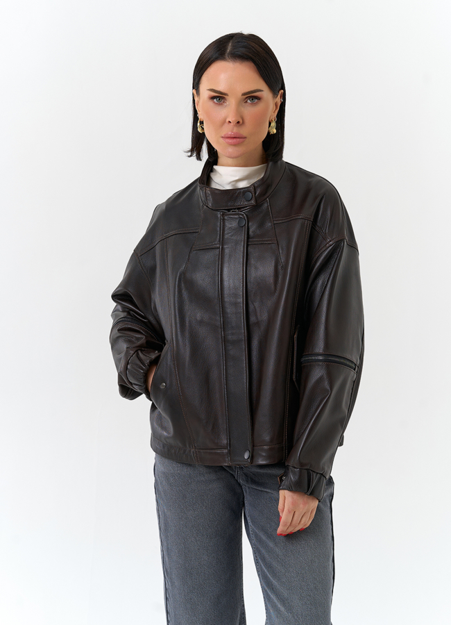 Женская куртка из натуральной кожи модель № 32675 меха малина