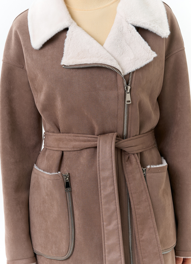 Женская дубленка из эко замши модель № 32689 универмаг малина