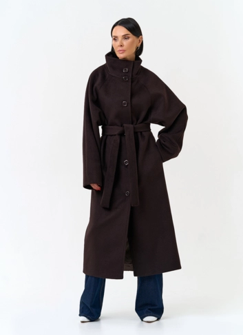 Женское длинное пальто с воротником стойкой фото
