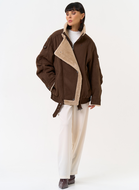 Женский бомбер из эко замши с воротником стойкой