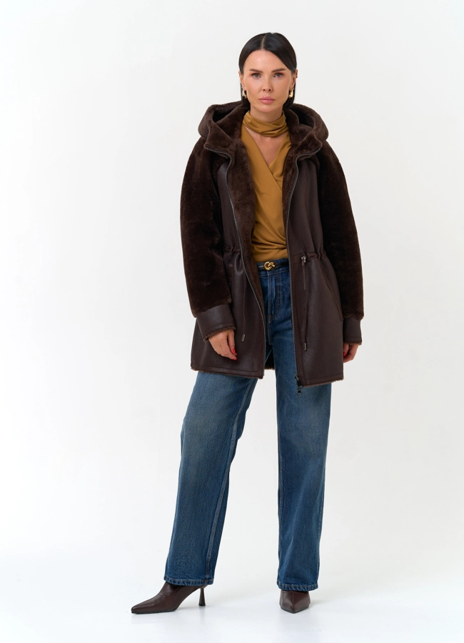 Женская дубленка из эко замши модель № 33900 универмаг малина