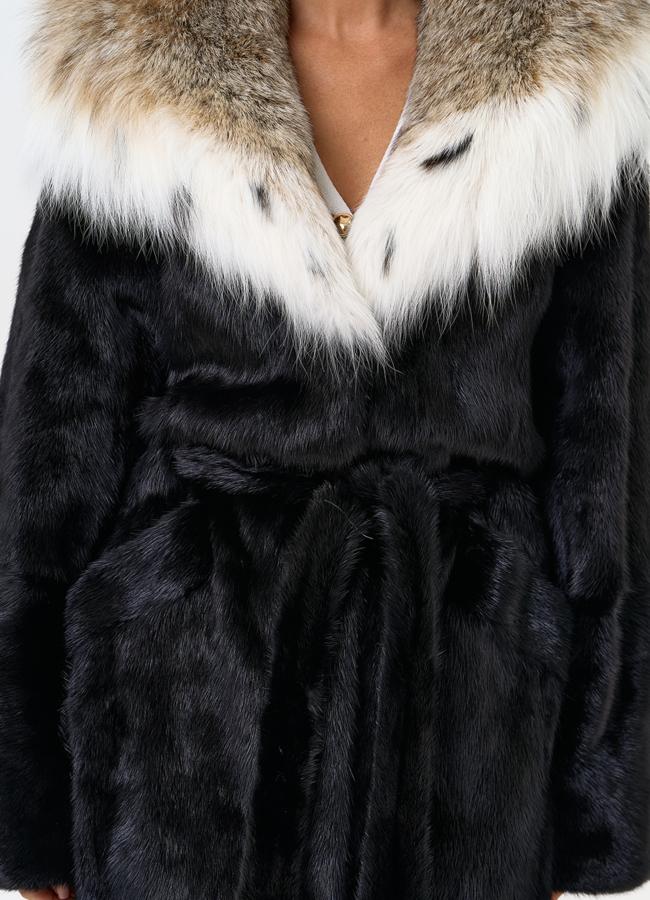 Женская шуба из меха норки с капюшоном из меха рыси модель № 31376 универмаг малина