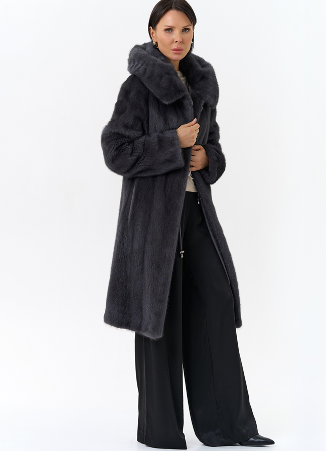 Норковая шуба годе/балетка в роспуск с капюшоном цвета графит модель № 27646 универмаг малина