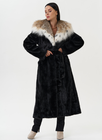 Норковая шуба с капюшоном из меха рыси
