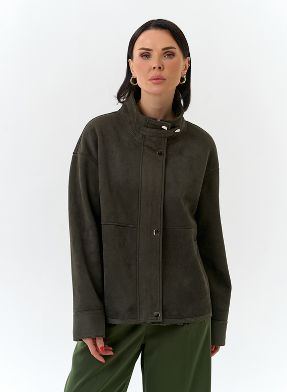 Женская дубленка из эко замши с воротником стойкой