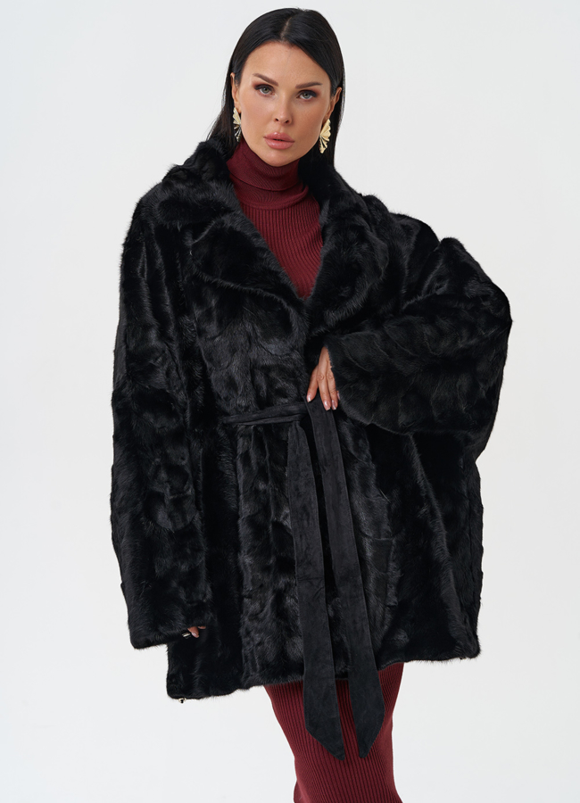 Шуба из меха норки с английским воротником модель № 28587 меха малина