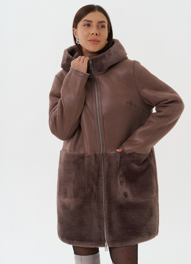 Двухсторонняя дубленка из эко кожи с капюшоном модель № 27763 меха малина