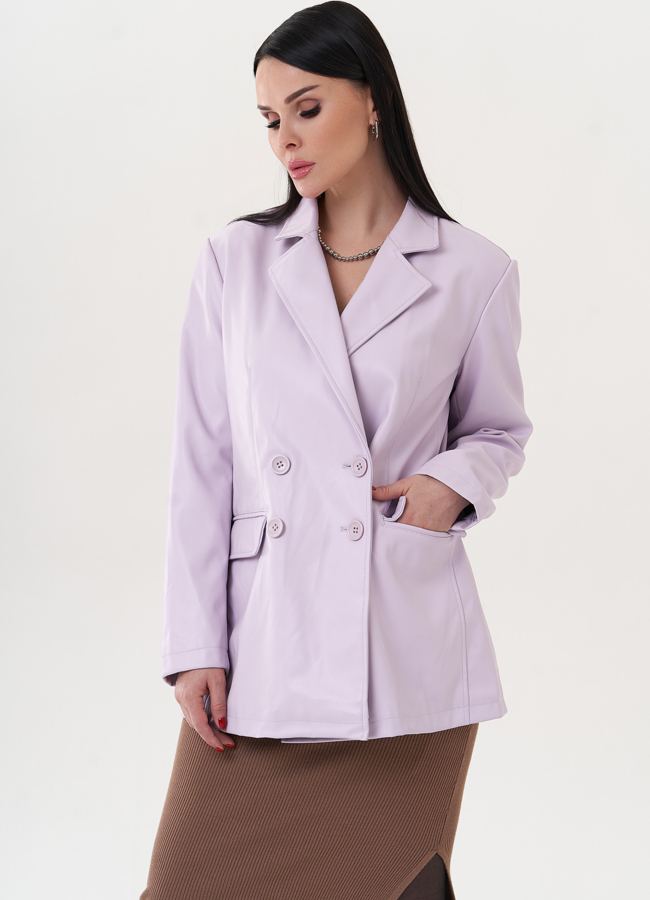 Пиджак из эко кожи сиреневого цвета модель № 26741 меха малина