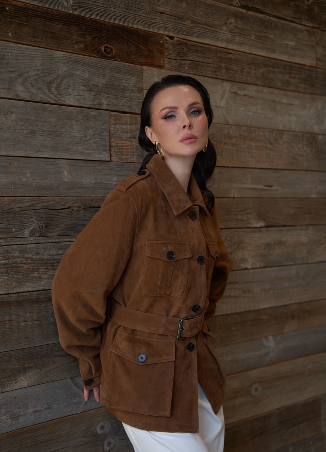 Куртка - сафари женская из натуральной замши модель № 29922 меха малина