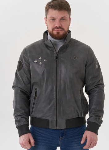Мужская кожаная куртка "бомбер" с капюшоном