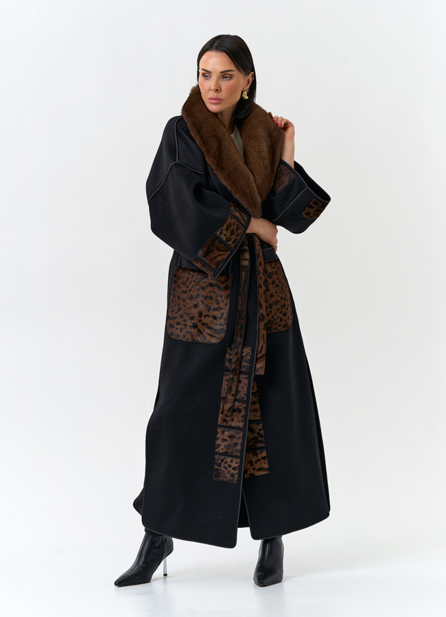 Женское длинное пальто с воротником из меха норки модель № 32647 меха малина