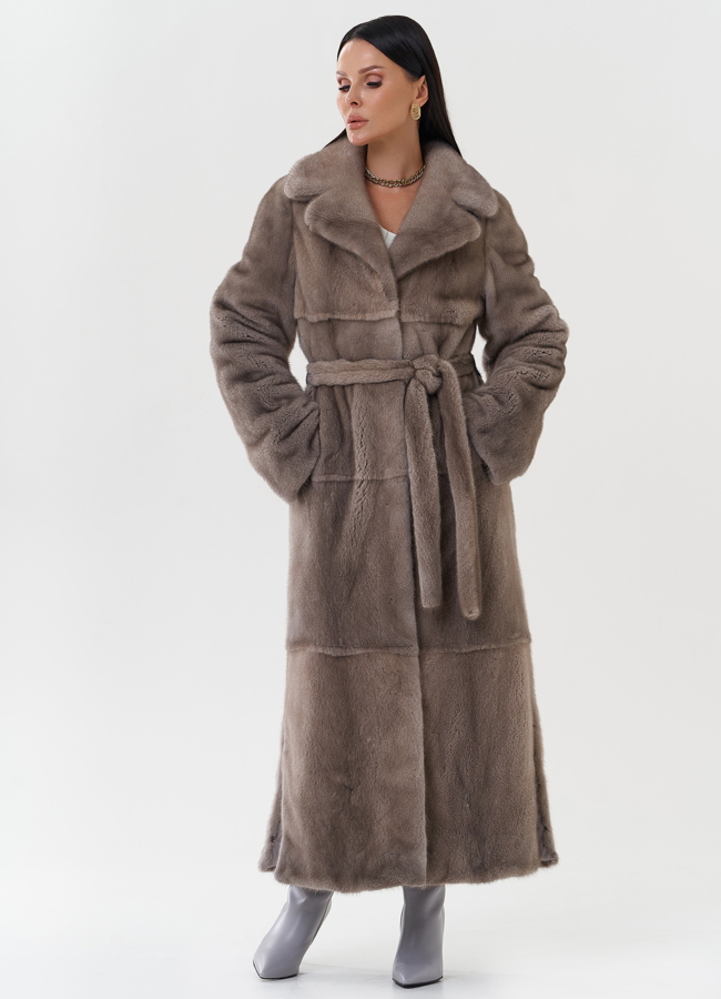 Длинная шуба из скандинавской норки модель № 28927 меха малина