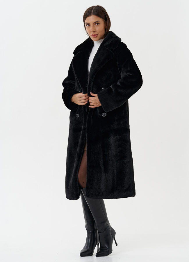 Женское пальто из экомеха с капюшоном модель № 28641 универмаг малина