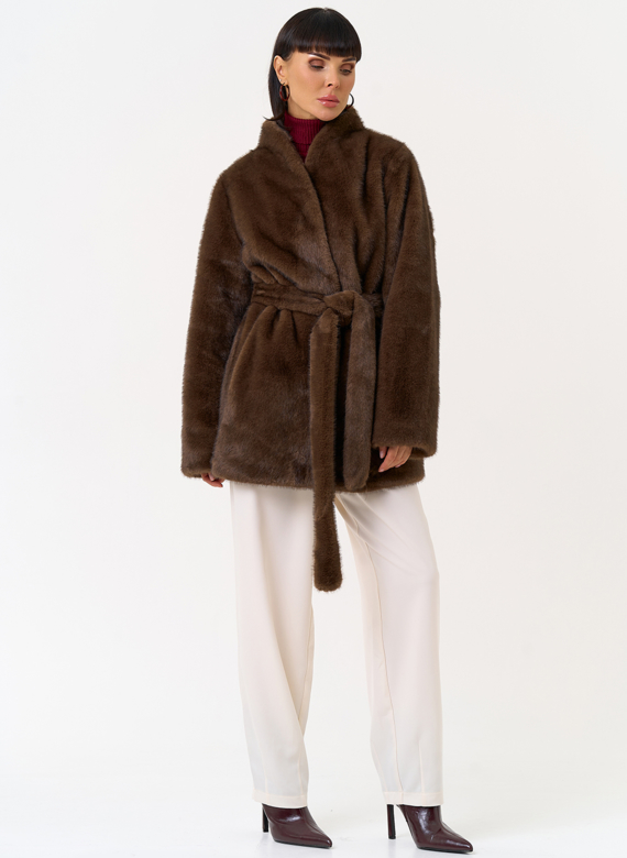 Женская шуба из эко меха с поясом