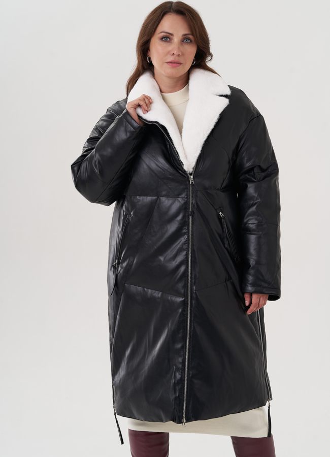 Пуховик женский из эко кожи с английским воротником модель № 25466 универмаг малина