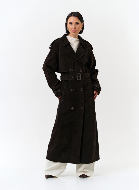 Женский длинный плащ из натуральной замши