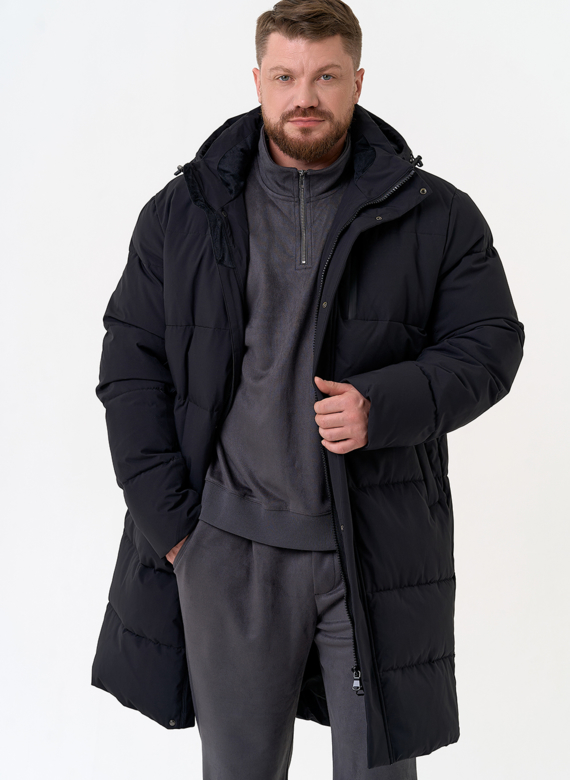 Удлиненный мужской пуховик с капюшоном