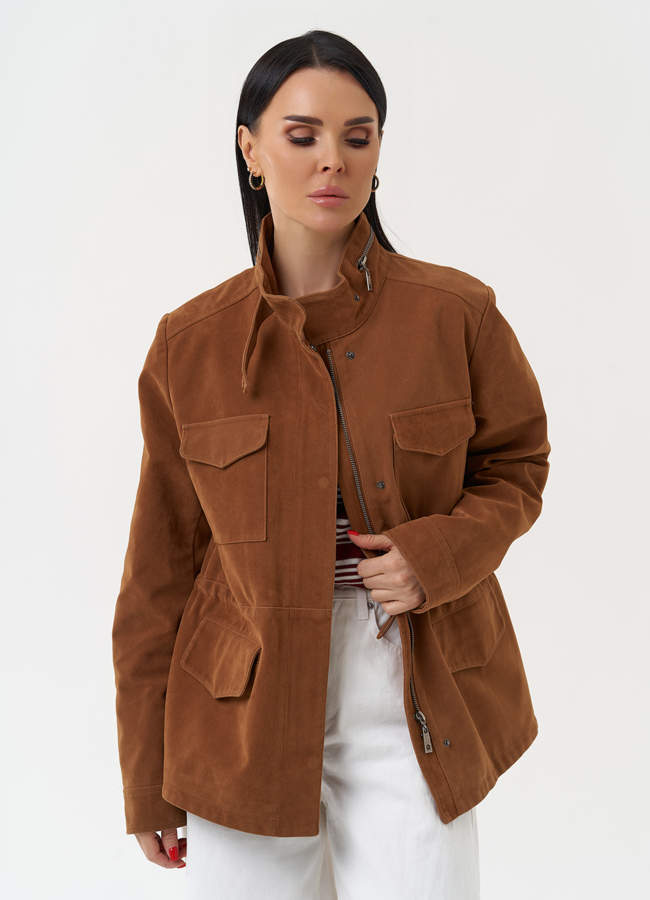 Женская парка из эко замши коричневого цвета  модель № 30421 в кредит