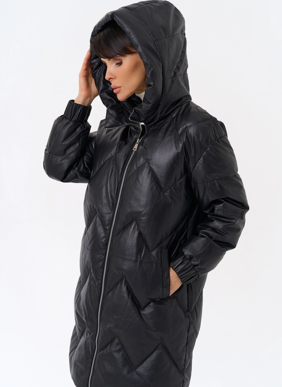 Длинный пуховик из кожи фото