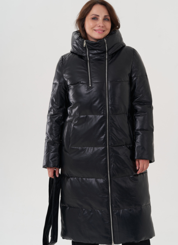 Женский пуховик из эко кожи с капюшоном