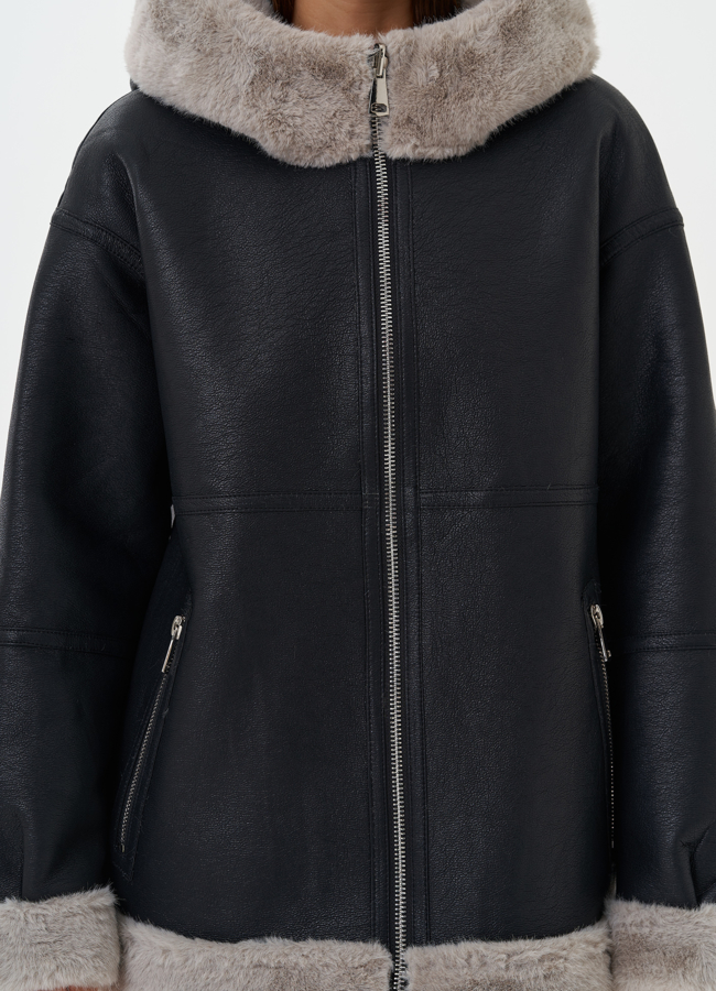 Женская эко дубленка с капюшоном модель № 27760 универмаг малина