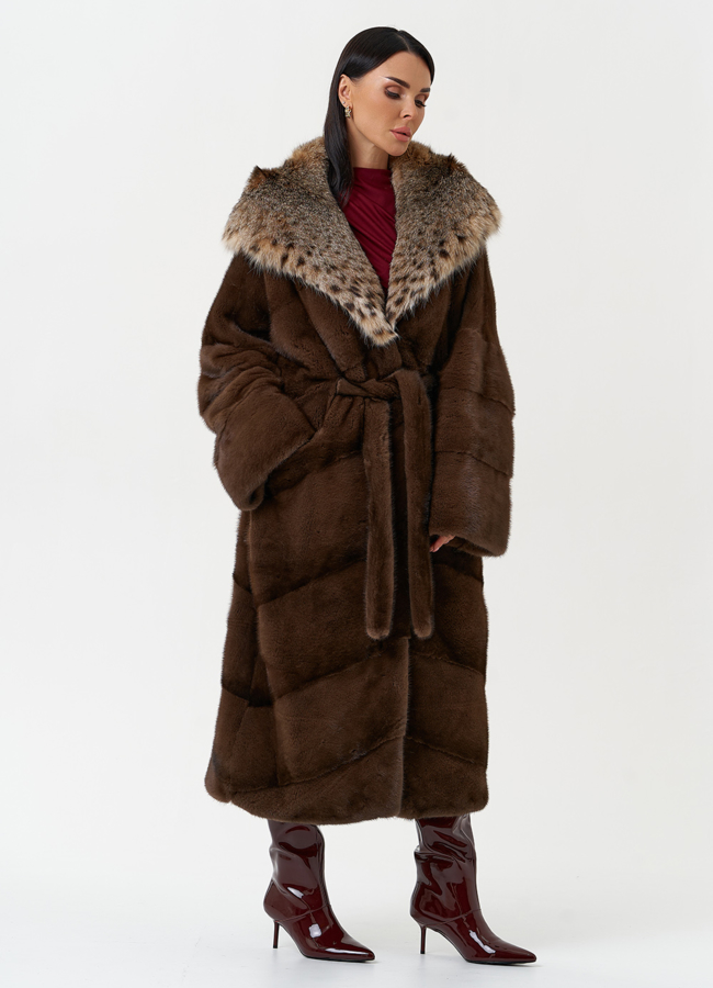 Женская шуба из меха норки с капюшоном из меха рыси модель № 31159 универмаг малина