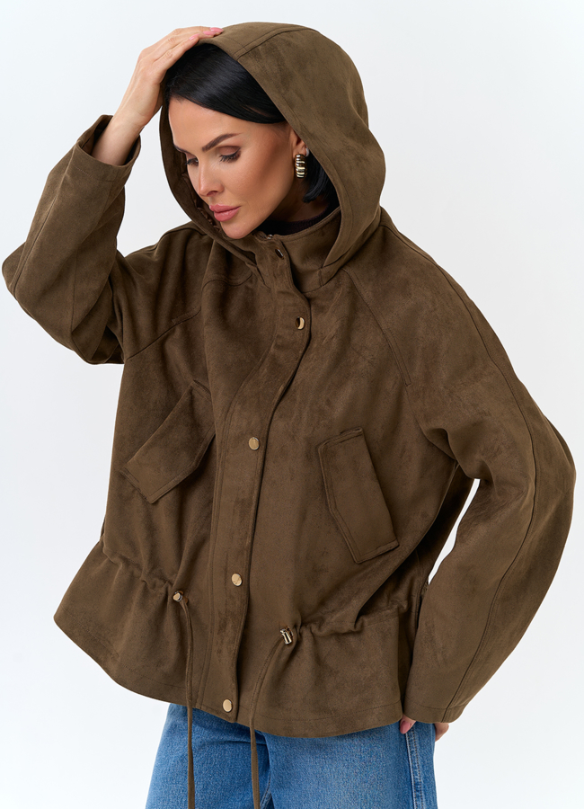 Женская утепленная куртка из эко замши с капюшоном модель № 32841 универмаг малина