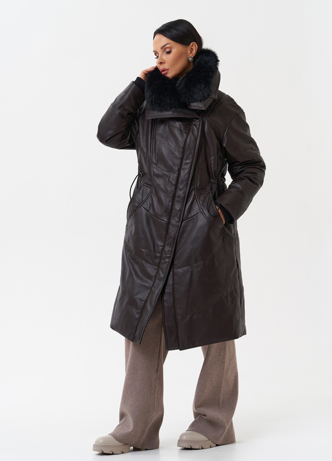 Женский кожаный пуховик с отделкой из натурального меха модель № 28918 универмаг малина