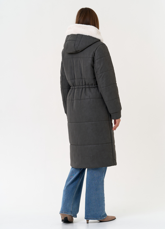 Женское пальто из эко кожи с капюшоном модель № 30731 в кредит